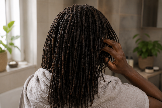 Femme noire vue de dos avec des Microlocks fraîchement lavées après un shampoing dans une salle de bain.